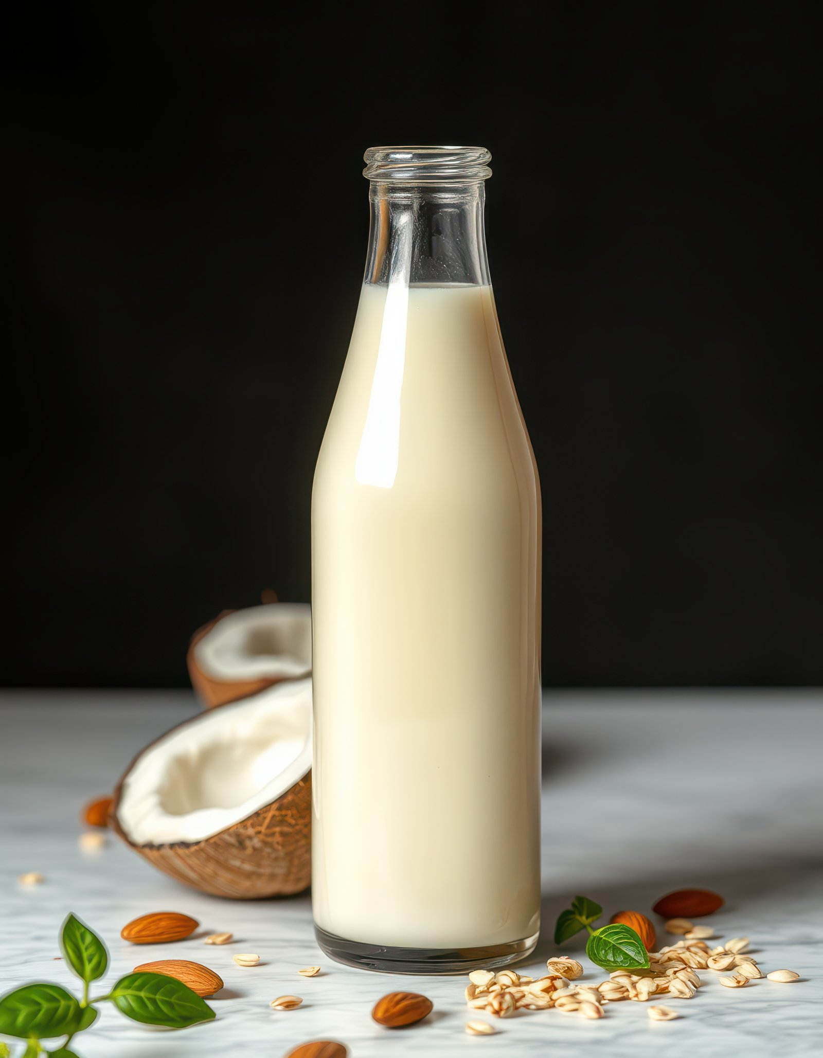 Glass bottle of creamy plant-based milk sits on marble surface with almonds, oats, and coconut